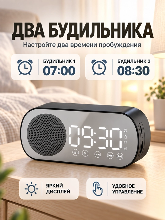 Bluetooth kolonka-budilnik, raqamli soat, FM-radio, TF-karta, qora va oq rang