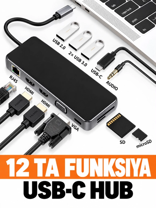 Хаб 12-в-1, Type-C, многопортовый адаптер 4K HDMI, PD, считыватель карт SD/TF, McP - FITIT - 