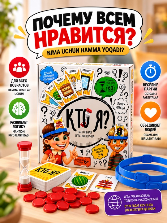 «Kimman?» stol o‘yini — bolalar va kattalar uchun viktorina o‘yini, 6+