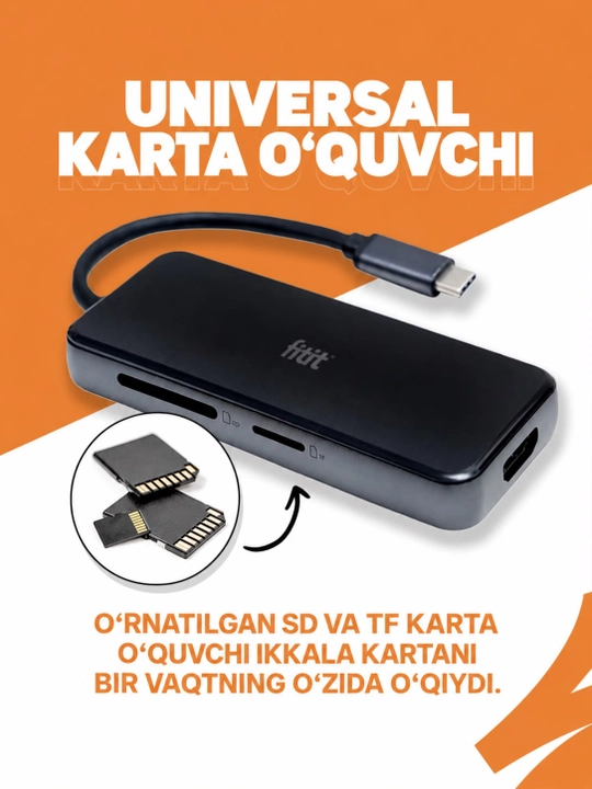 Hab 8 tasi 1 da, Ko‘pportli Adapter 4K HDMI, PD, SD TF Karta O‘quvchi, XPS, Type-C - FITIT
