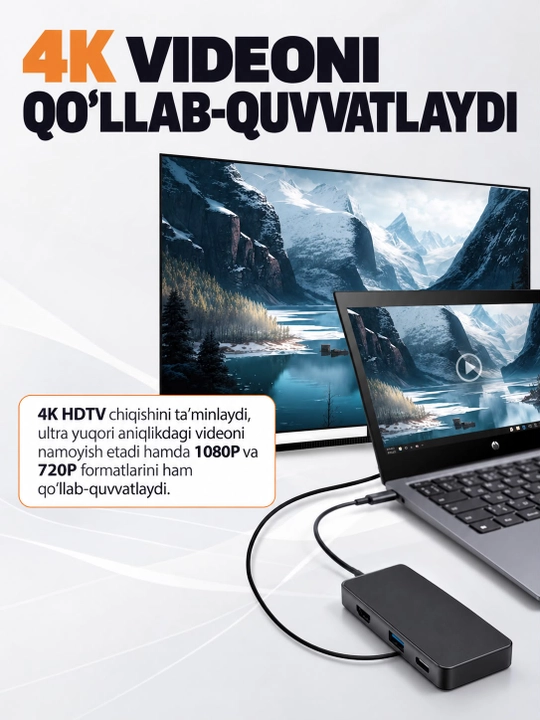 Hab 8 tasi 1 da, Ko‘pportli Adapter 4K HDMI, PD, SD TF Karta O‘quvchi, XPS, Type-C - FITIT