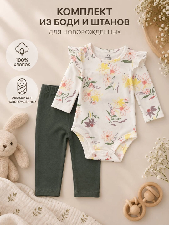 Комплект для малыша: боди + штаны, 100% хлопок — 6–24 месяца - 