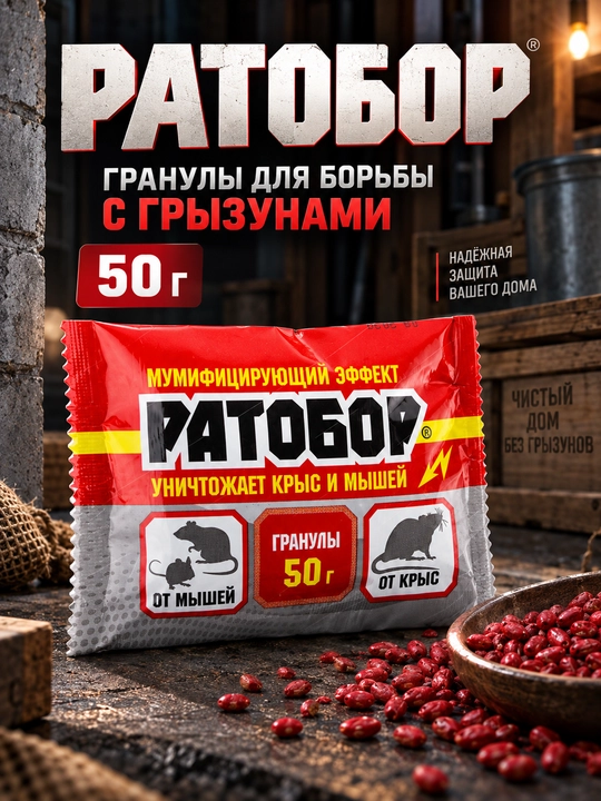Ратобор 50 г — гранулы от грызунов, для мышей и крыс, красные гранулы - 