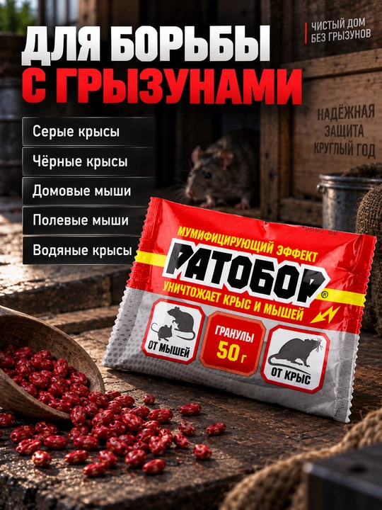 Ратобор 50 г — гранулы от грызунов, для мышей и крыс, красные гранулы