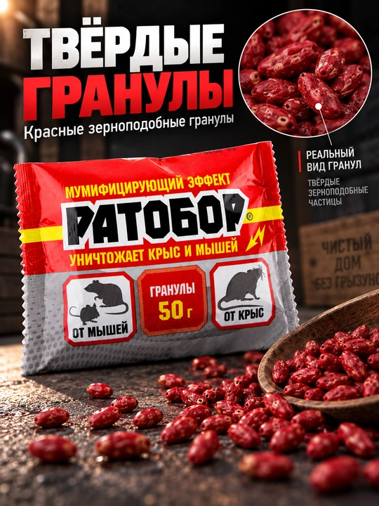 Ратобор 50 г — гранулы от грызунов, для мышей и крыс, красные гранулы