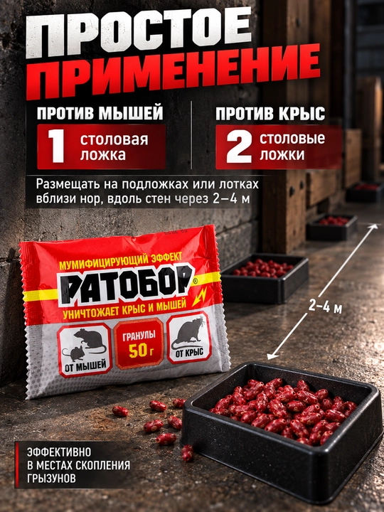 Ратобор 50 г — гранулы от грызунов, для мышей и крыс, красные гранулы