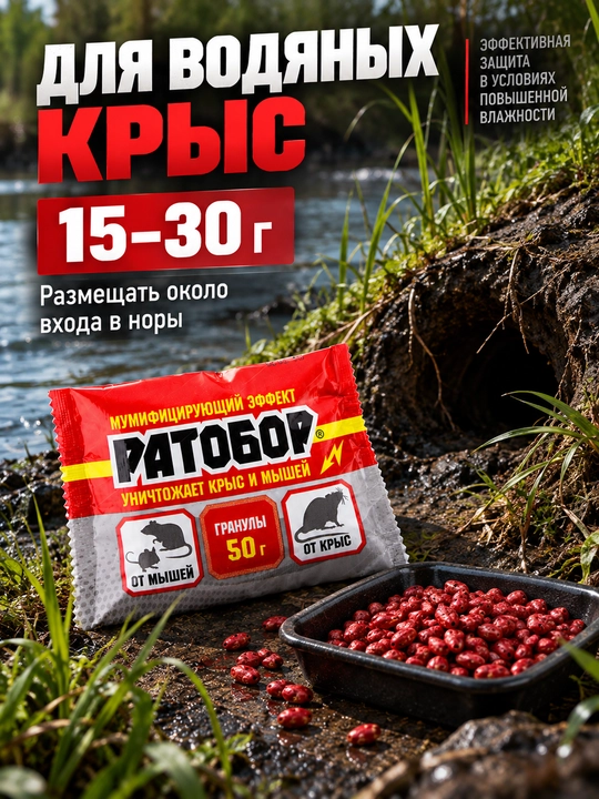 Ратобор 50 г — гранулы от грызунов, для мышей и крыс, красные гранулы