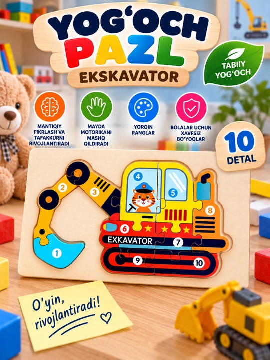 Bolalar uchun 3D yog‘och pazl, 6 xil - 