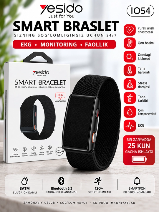 Yesido IO54 aqlli bilaguzuk EKG, puls, SpO₂, harorat va 120+ sport rejimi bilan
