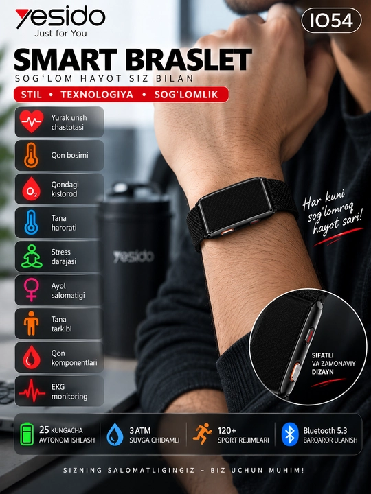 Yesido IO54 aqlli bilaguzuk EKG, puls, SpO₂, harorat va 120+ sport rejimi bilan