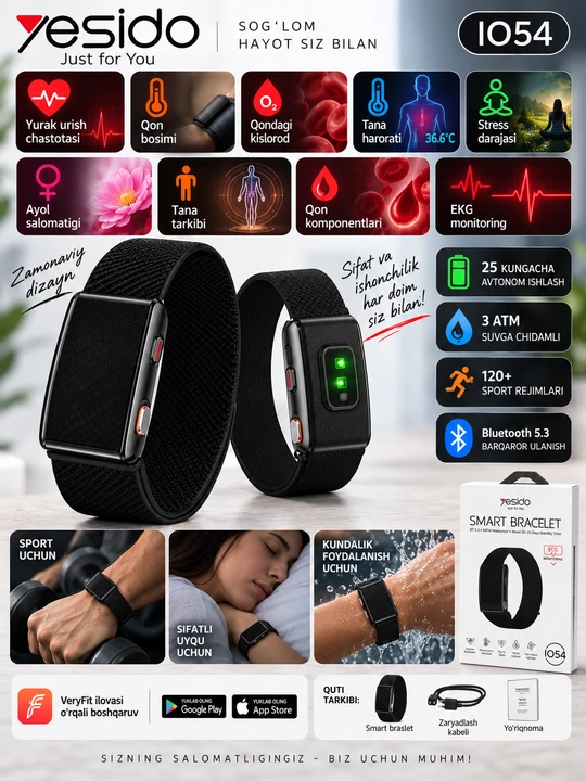 Yesido IO54 aqlli bilaguzuk EKG, puls, SpO₂, harorat va 120+ sport rejimi bilan