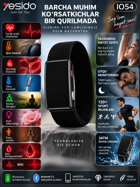 Yesido IO54 aqlli bilaguzuk EKG, puls, SpO₂, harorat va 120+ sport rejimi bilan