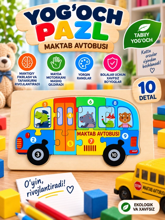 Bolalar uchun 3D yog‘och pazl, 6 xil - 
