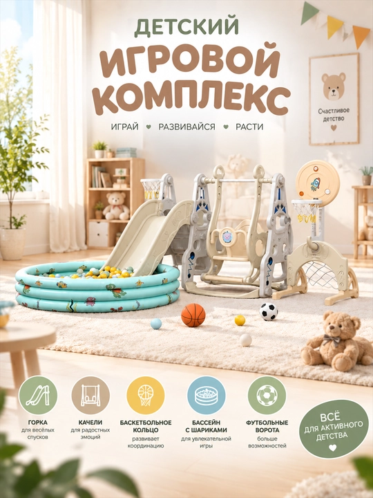 O‘yin majmuasi, tepalik va arg‘imchoq, sharli basseyn - 