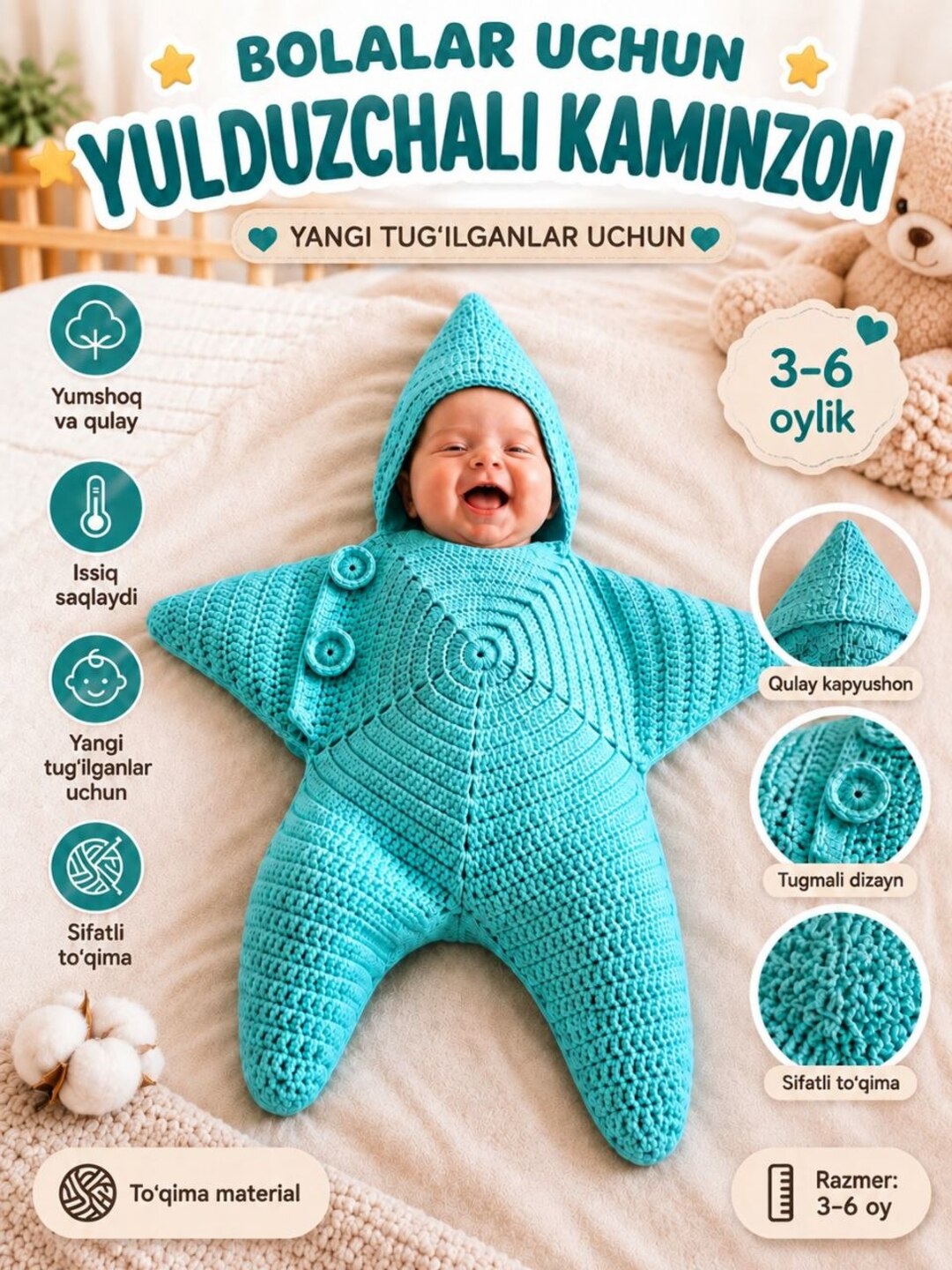Yangi tug‘ilgan chaqaloqlar uchun "Yulduzcha" to‘qilgan kombinezoni - 
