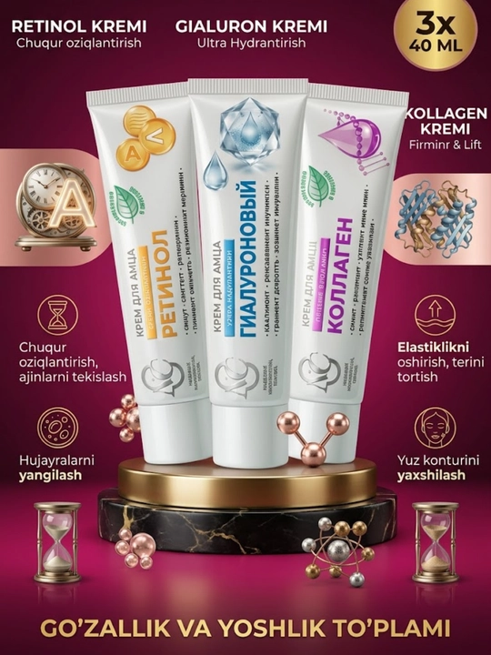Yuz parvarishi to‘plami retinol, gialuron kislotasi va kollagen yuz uchun gamxorlik - 