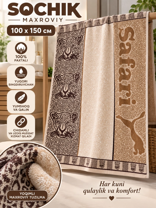 Katta sochiq 100x150 sm yumshoq hammom plyaj uchun leopard dizayn
