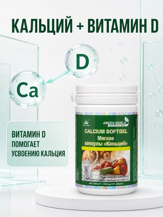 Green World Calcium Softgel, kalsiy + vitamin D, yumshoq kapsulalar, 100 dona