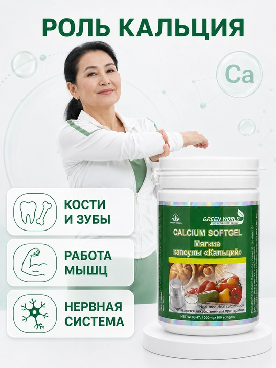 Green World Calcium Softgel, kalsiy + vitamin D, yumshoq kapsulalar, 100 dona