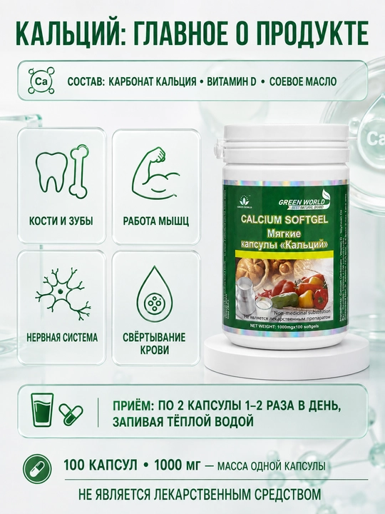 Green World Calcium Softgel, kalsiy + vitamin D, yumshoq kapsulalar, 100 dona