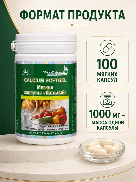 Green World Calcium Softgel, kalsiy + vitamin D, yumshoq kapsulalar, 100 dona