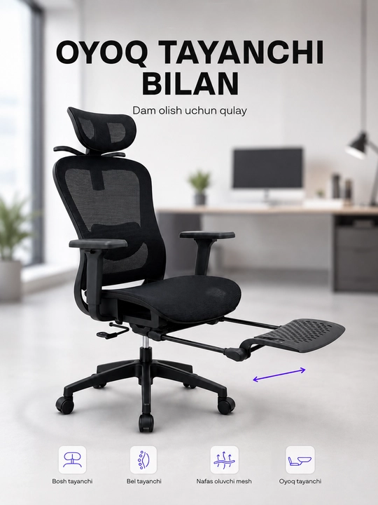 Ergonomik ofis kreslosi, mesh materialli, oyoq tayanchli