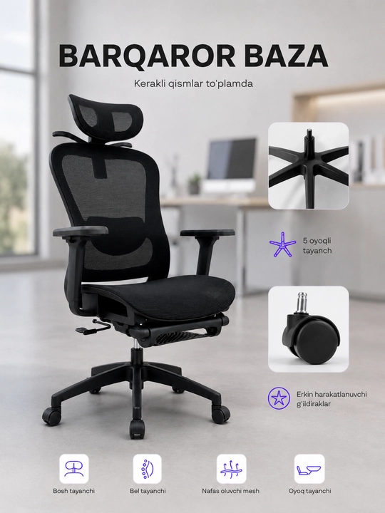 Ergonomik ofis kreslosi, mesh materialli, oyoq tayanchli
