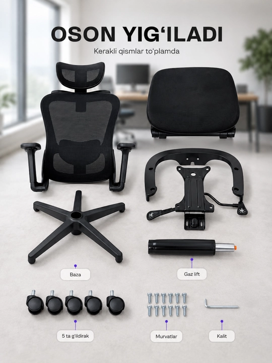 Ergonomik ofis kreslosi, mesh materialli, oyoq tayanchli