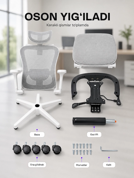Ergonomik ofis kreslosi, mesh materialli, oyoq tayanchli