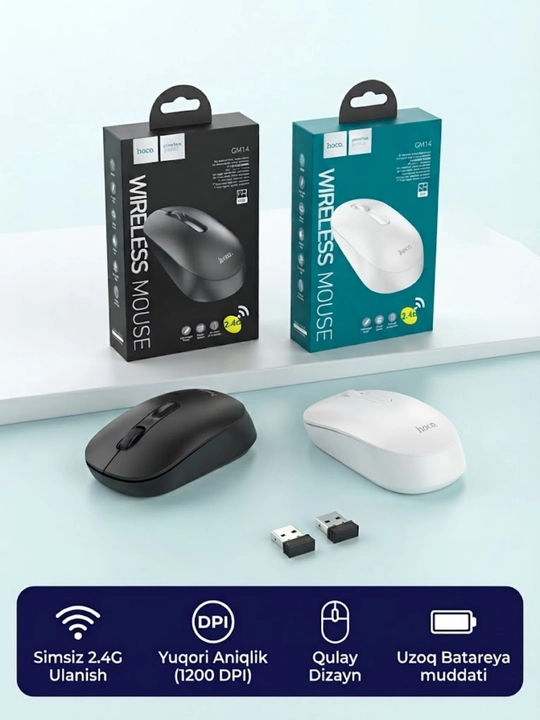 HOCO GM14 simsiz sichqonchasi, 2.4G, 1200 DPI, optik sensorli, noutbuk va kompyuter uchun