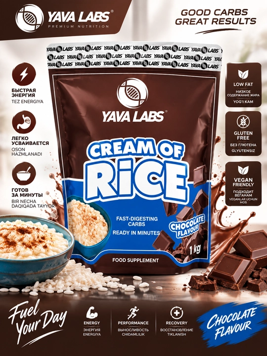 Yava Labs Cream of Rice 1 kg — guruch kremi, guruch bo‘tqasi  - 