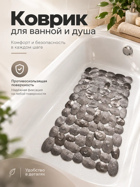 Коврик для ванны, противоскользящий, резиновый, на присосках, термопластик