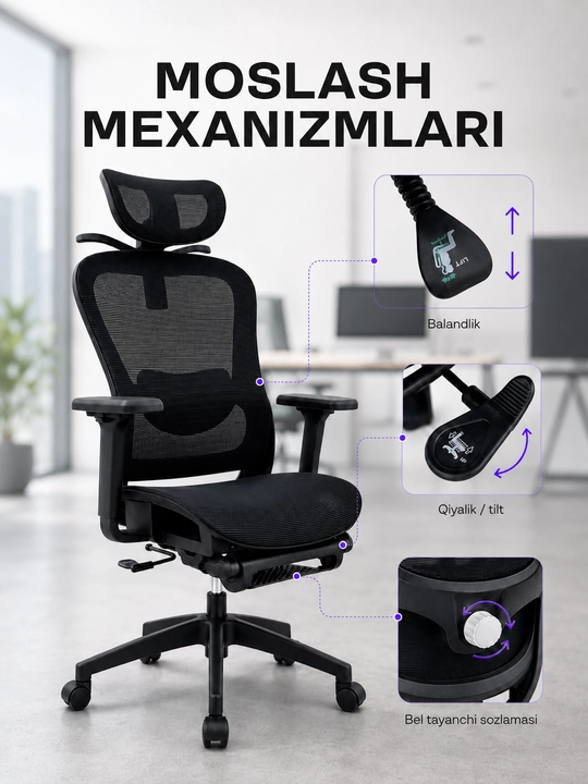 Ergonomik ofis kreslosi, mesh materialli, oyoq tayanchli