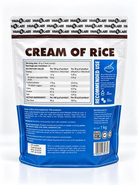Yava Labs Cream of Rice 1 кг — рисовая каша, крем из риса Шоколад