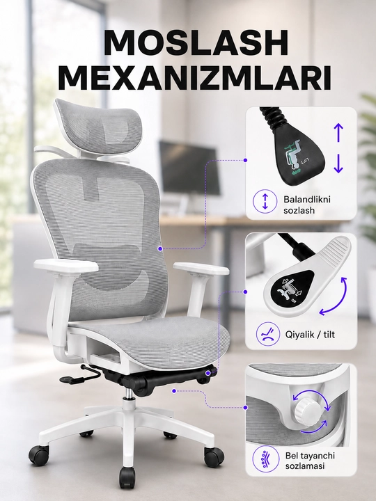 Ergonomik ofis kreslosi, mesh materialli, oyoq tayanchli