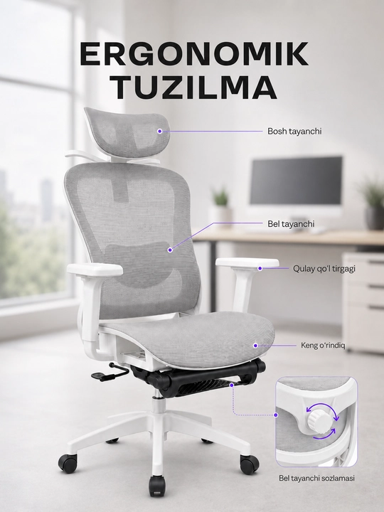 Ergonomik ofis kreslosi, mesh materialli, oyoq tayanchli