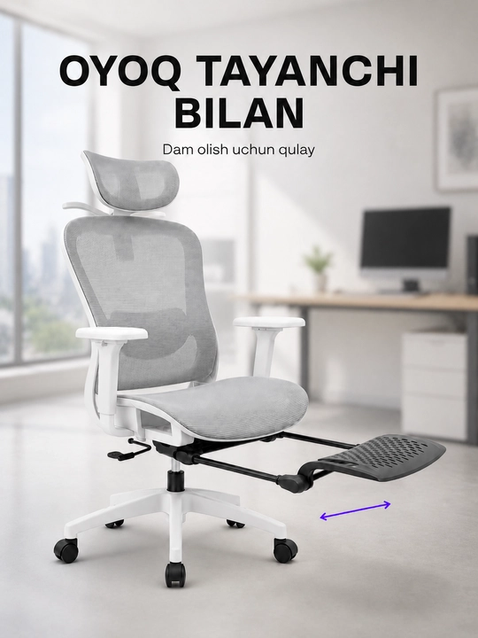 Ergonomik ofis kreslosi, mesh materialli, oyoq tayanchli