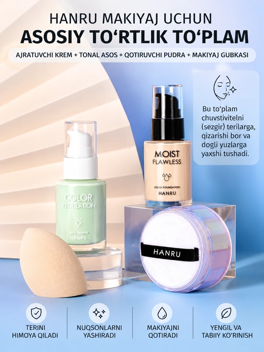 Makiyaj to‘plami 4 tasi 1 da, tonal krem, pudra, makiyaj bazasi, gubka, Make Up Set