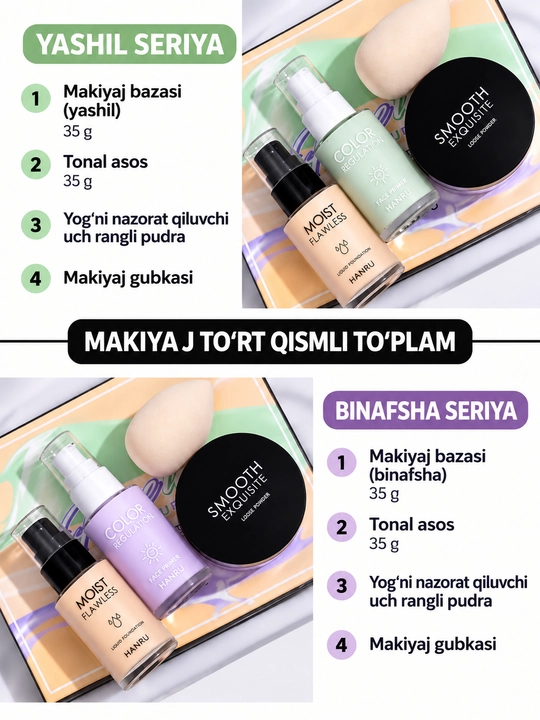 Makiyaj to‘plami 4 tasi 1 da, tonal krem, pudra, makiyaj bazasi, gubka, Make Up Set