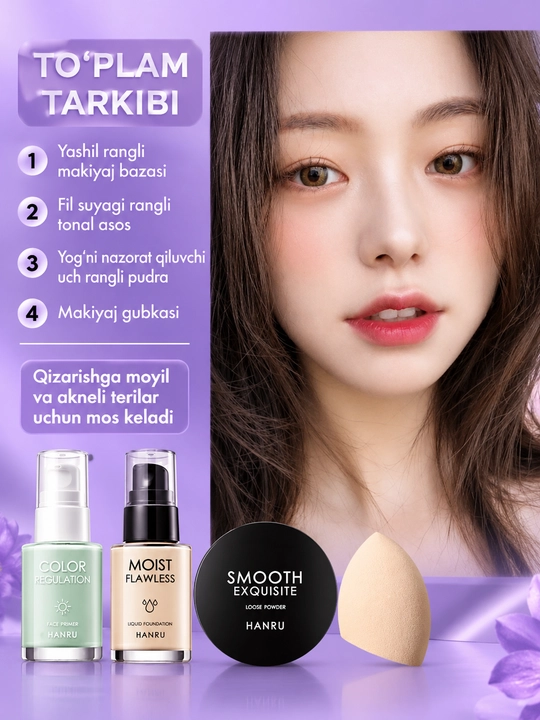 Makiyaj to‘plami 4 tasi 1 da, tonal krem, pudra, makiyaj bazasi, gubka, Make Up Set