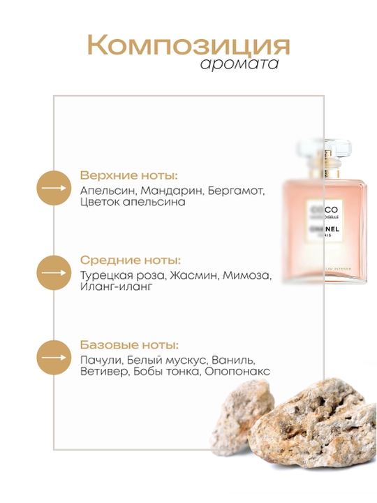 Ayollar atiri Datum Parfume Coco Mademoiselle, bergamot, yasmin, atirgul va pachuli bilan
