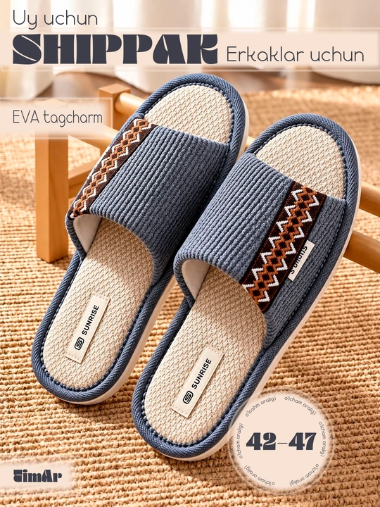 Erkaklar uy shippaklari, klassik dizaynda, EVA, 42-47 o‘lchamlarda, kuz-qish mavsumi uchun