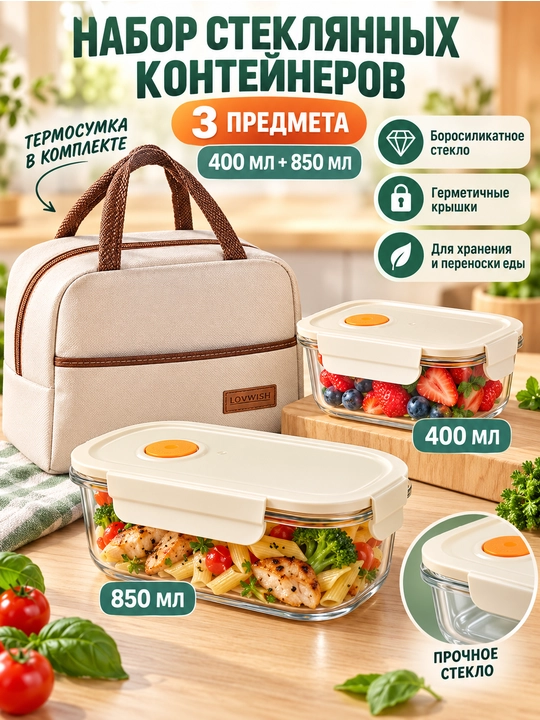 Набор стеклянных контейнеров для еды с термосумкой, 400 мл и 850 мл, 3 предмета - 