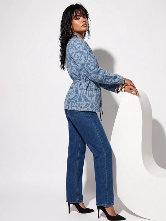 UMA ayollar uchun vintage naqshli va belbog‘li denim kimono-jaket