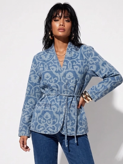 UMA ayollar uchun vintage naqshli va belbog‘li denim kimono-jaket