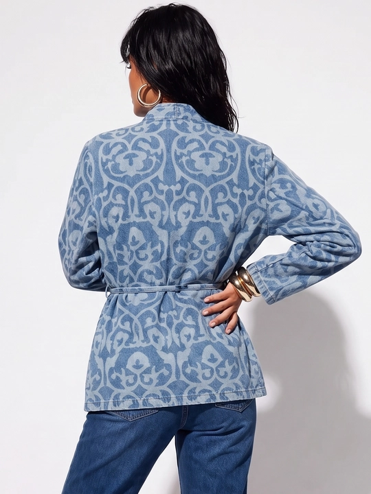 UMA ayollar uchun vintage naqshli va belbog‘li denim kimono-jaket