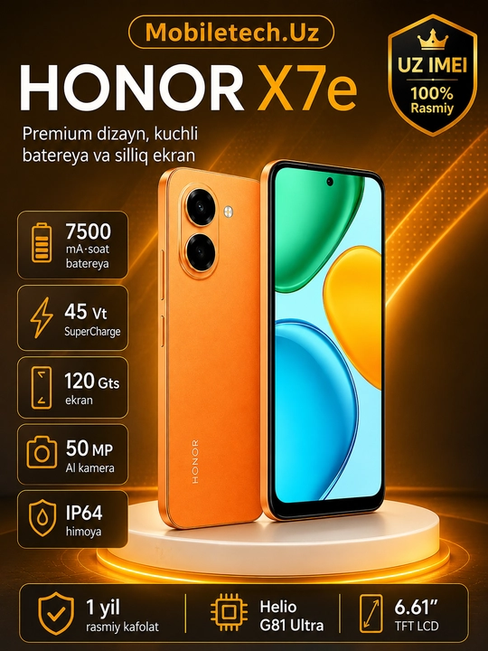 Смартфон HONOR X7e, 6 ГБ/256 ГБ, 7000 мАч, 45 Вт, 6.61″ 120 Гц, 50 Мп - 