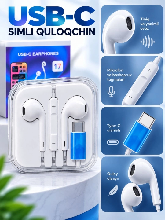 USB-C simli quloqchin, mikrofonli naushnik, telefon va planshet uchun Type-C garnitura