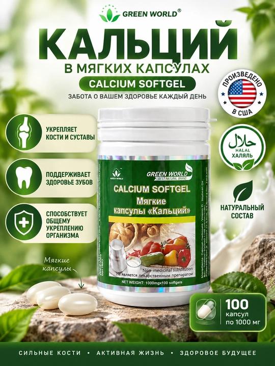 Green World Calcium Softgel, kalsiy + vitamin D, yumshoq kapsulalar, 100 dona - 