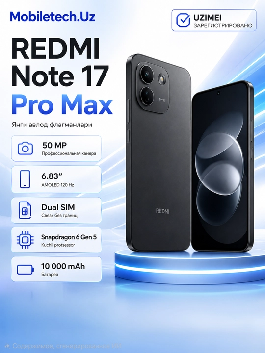 Телефон Redmi Note 17 Pro Max 5G, батарея 10000 мА·ч 100 Вт , IPS 6,8" 120гц, UZIMEI - 